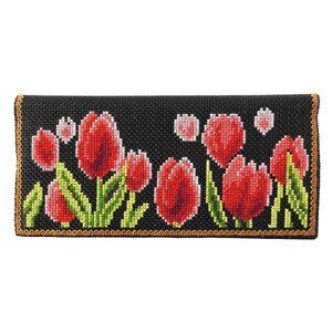 NWOT Black Mesh Wallet Card Case Cross Stitched Tulips Needlepoint 13 Pockets